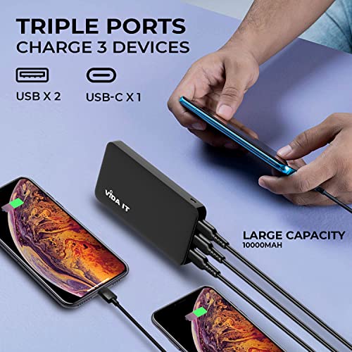 Vida IT vDuo 10000mAh Power Bank Battery Pack Portable Charger for iPhone Heated Vest Jacket Gilet Google Pixel Android Mobile Phone Tablet PC, Rechargeable Backup USB Type-C 2A 5V Long Lasting Life