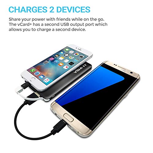 Vida IT vCard+ Ultra Slim Power Bank 4000mAh Mobile Phone Portable Charger Small Rechargeable Flat Battery Pack for iPhone Samsung Android USB C with Built-In Cable Thin Pocket Size 8mm (Black)