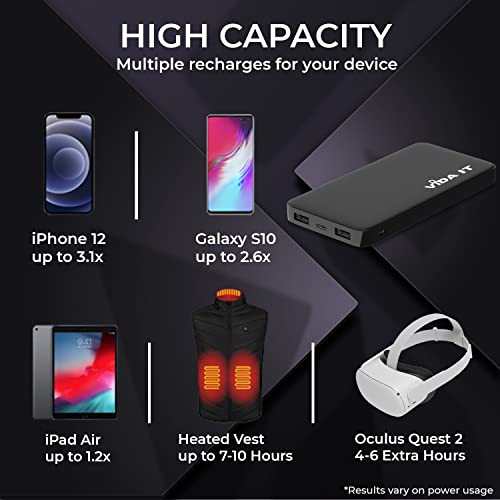 Vida IT vDuo 10000mAh Power Bank Battery Pack Portable Charger for iPhone Heated Vest Jacket Gilet Google Pixel Android Mobile Phone Tablet PC, Rechargeable Backup USB Type-C 2A 5V Long Lasting Life