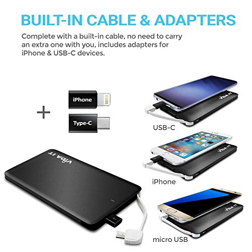 Vida IT vCard+ Ultra Slim Power Bank 4000mAh Mobile Phone Portable Charger Small Rechargeable Flat Battery Pack for iPhone Samsung Android USB C with Built-In Cable Thin Pocket Size 8mm (Black)