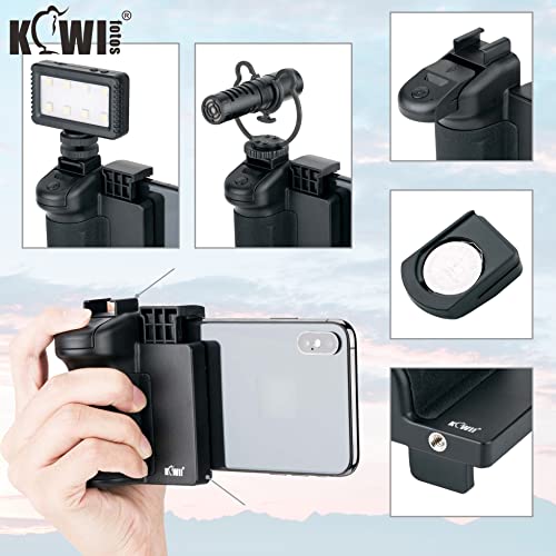 KIWIFOTOS 3 in 1 Cell Phone Tripod Mount, Phone Camera Grip Handle Holder with Detachable Bluetooth Shutter Remote Control and Cold Shoe Mount for iPhone Android Smartphone Selfie Vlog Video Shooting