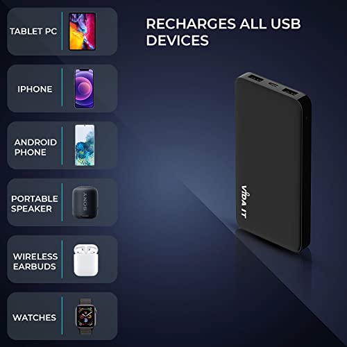 Vida IT vDuo 10000mAh Power Bank Battery Pack Portable Charger for iPhone Heated Vest Jacket Gilet Google Pixel Android Mobile Phone Tablet PC, Rechargeable Backup USB Type-C 2A 5V Long Lasting Life