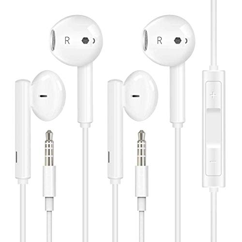 [2 Pack] In-Ear Headphones with 3.5mm Headphones Plug Microphone Volume Control for Sports Workout Compatible with iPhone, iPad, Huawei,Android,Samsung Cell Phones Tablets Laptops and More——White