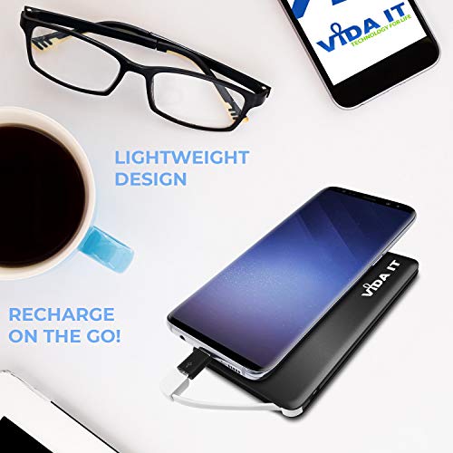Vida IT vCard+ Ultra Slim Power Bank 4000mAh Mobile Phone Portable Charger Small Rechargeable Flat Battery Pack for iPhone Samsung Android USB C with Built-In Cable Thin Pocket Size 8mm (Black)