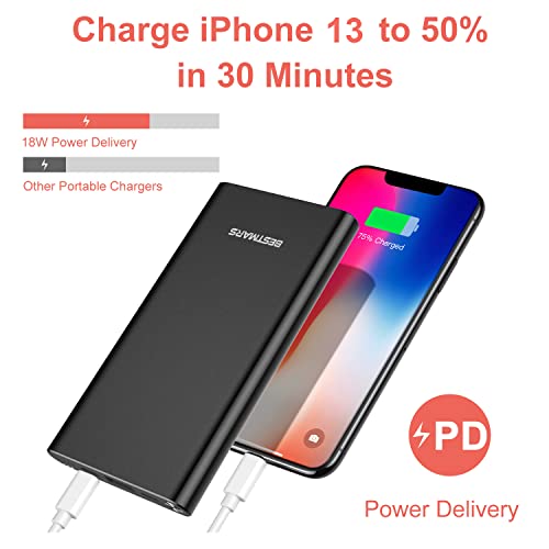 BESTMARS Power Bank Fast Charging USB C PD Portable Charger Slim 10000mAh Back Up Battery Pack Compatible with iPhone 14 13 12 SE iPad Mini & Samsung Galaxy S22 S21 S20 Android Cell Phone & more Black