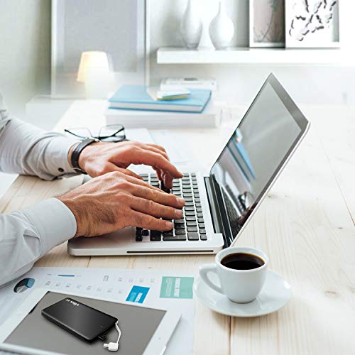 Vida IT vCard+ Ultra Slim Power Bank 4000mAh Mobile Phone Portable Charger Small Rechargeable Flat Battery Pack for iPhone Samsung Android USB C with Built-In Cable Thin Pocket Size 8mm (Black)