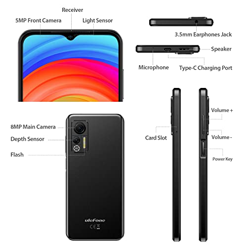 Ulefone Mobile Phones SIM Free Unlocked, 7GB RAM 128GB Extension Smartphone, 2023 Note 14, 4G Dual SIM, Android 12 Phone, 4500mAh Battery, Triple Card Slots, 6.52" Screen, 8MP Camera, Midnight Black