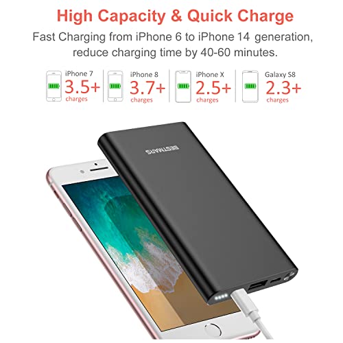 BESTMARS Power Bank Fast Charging USB C PD Portable Charger Slim 10000mAh Back Up Battery Pack Compatible with iPhone 14 13 12 SE iPad Mini & Samsung Galaxy S22 S21 S20 Android Cell Phone & more Black