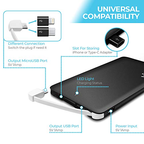 Vida IT vCard+ Ultra Slim Power Bank 4000mAh Mobile Phone Portable Charger Small Rechargeable Flat Battery Pack for iPhone Samsung Android USB C with Built-In Cable Thin Pocket Size 8mm (Black)