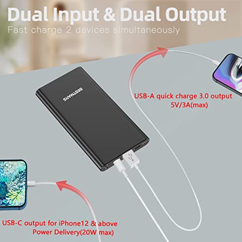 BESTMARS Power Bank Fast Charging USB C PD Portable Charger Slim 10000mAh Back Up Battery Pack Compatible with iPhone 14 13 12 SE iPad Mini & Samsung Galaxy S22 S21 S20 Android Cell Phone & more Black