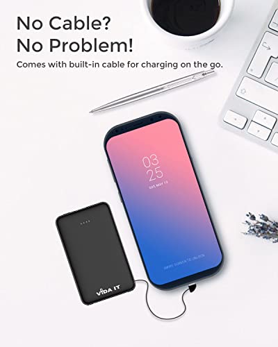 Vida IT vBot Power Bank Portable Charger Battery Pack for Samsung Galaxy S21 S20 S10 S8 A51 Android Mobile Phone Power Pack with Built-In Cable, Pocket Size USB External Battery Pack Phone Charger