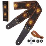Sun Embroidered Cotton Guitar Strap with Leather Ends
