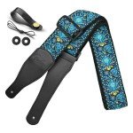 Retro Teal Jacquard Guitar Strap with Leather Ends