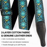 Retro Teal Jacquard Guitar Strap with Leather Ends