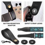 Retro Teal Jacquard Guitar Strap with Leather Ends