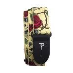 Red and Black Leather Guitar Strap with Skulls & Roses