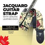 Red and Black Leather Guitar Strap with Skulls & Roses