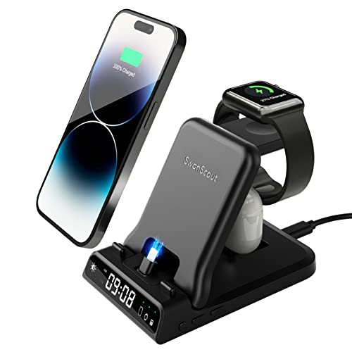SwanScout Fast Charging Station for Apple Devices, 25W 3 in 1 Foldable Charger Stand with Clock for iPhone 14 13 12 Series, for Apple Watch Series 8/Ultra/7/6/SE/5/4 and Air pods