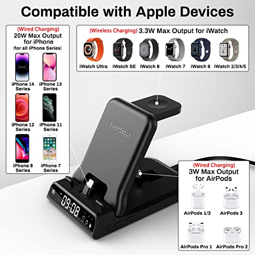 SwanScout Fast Charging Station for Apple Devices, 25W 3 in 1 Foldable Charger Stand with Clock for iPhone 14 13 12 Series, for Apple Watch Series 8/Ultra/7/6/SE/5/4 and Air pods
