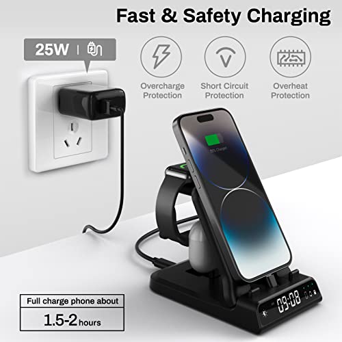 SwanScout Fast Charging Station for Apple Devices, 25W 3 in 1 Foldable Charger Stand with Clock for iPhone 14 13 12 Series, for Apple Watch Series 8/Ultra/7/6/SE/5/4 and Air pods