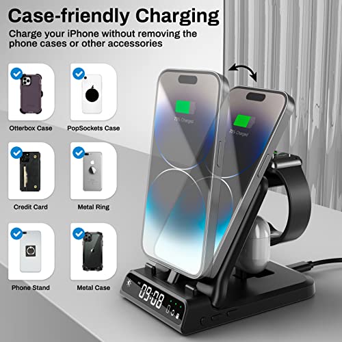 SwanScout Fast Charging Station for Apple Devices, 25W 3 in 1 Foldable Charger Stand with Clock for iPhone 14 13 12 Series, for Apple Watch Series 8/Ultra/7/6/SE/5/4 and Air pods