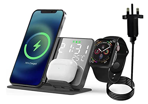 Crimen 4-in-1 Wireless Charging Station With Digital Alarm Clock And Temperature Gauge - Compatible With iPhone 14/13/12/11/XS/X/8, AirPods, Apple Watch Ultra/8/7/6/5/4/3/2 and Samsung Galaxy S23-S7