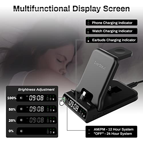SwanScout Fast Charging Station for Apple Devices, 25W 3 in 1 Foldable Charger Stand with Clock for iPhone 14 13 12 Series, for Apple Watch Series 8/Ultra/7/6/SE/5/4 and Air pods