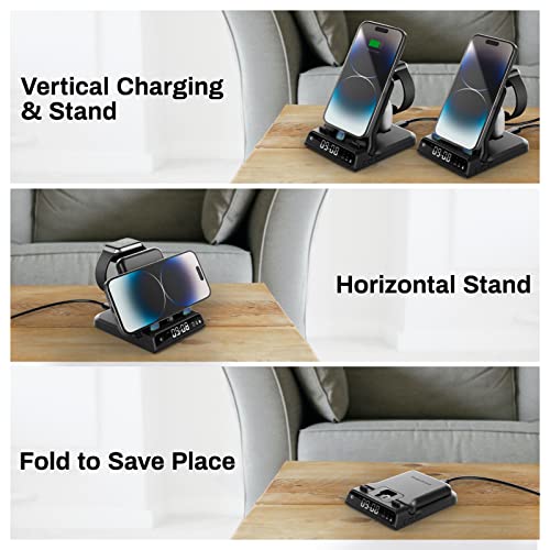 SwanScout Fast Charging Station for Apple Devices, 25W 3 in 1 Foldable Charger Stand with Clock for iPhone 14 13 12 Series, for Apple Watch Series 8/Ultra/7/6/SE/5/4 and Air pods