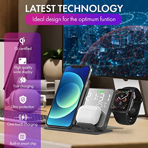 Crimen 4-in-1 Wireless Charging Station With Digital Alarm Clock And Temperature Gauge - Compatible With iPhone 14/13/12/11/XS/X/8, AirPods, Apple Watch Ultra/8/7/6/5/4/3/2 and Samsung Galaxy S23-S7