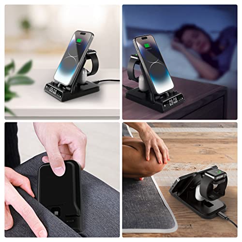 SwanScout Fast Charging Station for Apple Devices, 25W 3 in 1 Foldable Charger Stand with Clock for iPhone 14 13 12 Series, for Apple Watch Series 8/Ultra/7/6/SE/5/4 and Air pods