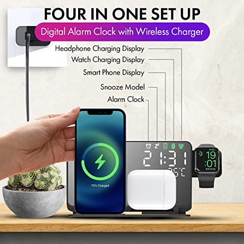 Crimen 4-in-1 Wireless Charging Station With Digital Alarm Clock And Temperature Gauge - Compatible With iPhone 14/13/12/11/XS/X/8, AirPods, Apple Watch Ultra/8/7/6/5/4/3/2 and Samsung Galaxy S23-S7