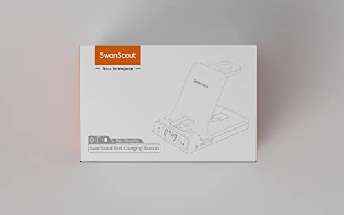 SwanScout Fast Charging Station for Apple Devices, 25W 3 in 1 Foldable Charger Stand with Clock for iPhone 14 13 12 Series, for Apple Watch Series 8/Ultra/7/6/SE/5/4 and Air pods