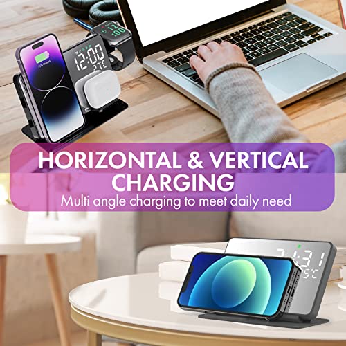 Crimen 4-in-1 Wireless Charging Station With Digital Alarm Clock And Temperature Gauge - Compatible With iPhone 14/13/12/11/XS/X/8, AirPods, Apple Watch Ultra/8/7/6/5/4/3/2 and Samsung Galaxy S23-S7