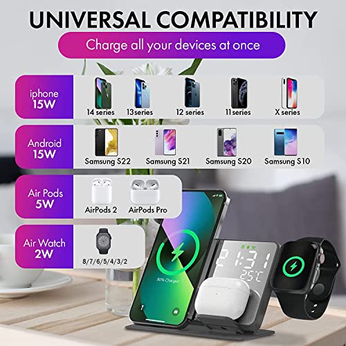 Crimen 4-in-1 Wireless Charging Station With Digital Alarm Clock And Temperature Gauge - Compatible With iPhone 14/13/12/11/XS/X/8, AirPods, Apple Watch Ultra/8/7/6/5/4/3/2 and Samsung Galaxy S23-S7