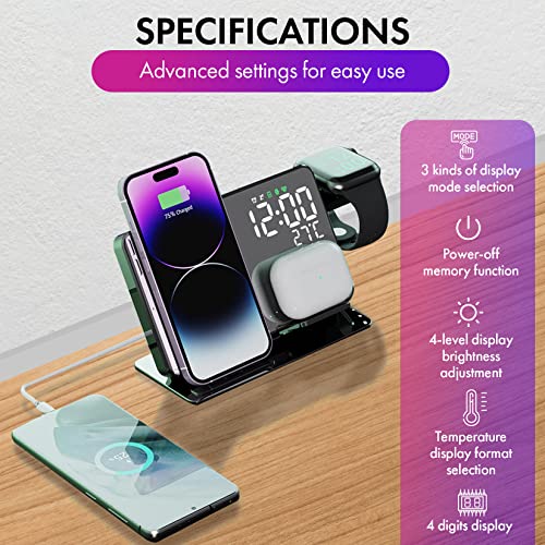 Crimen 4-in-1 Wireless Charging Station With Digital Alarm Clock And Temperature Gauge - Compatible With iPhone 14/13/12/11/XS/X/8, AirPods, Apple Watch Ultra/8/7/6/5/4/3/2 and Samsung Galaxy S23-S7