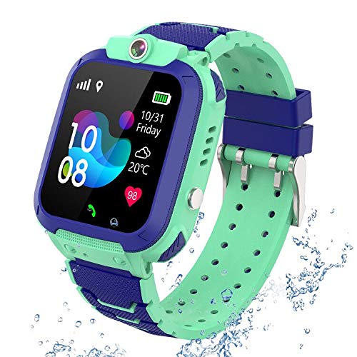GPS Kids Smart Watch Waterproof Phone, Children's Student Watch GPS Tracking Locator Alarm Clock Voice Chat, SOS Anti-lost Compatible for Android and iOS, Child gifts for Boys and Girls (S12 Green)