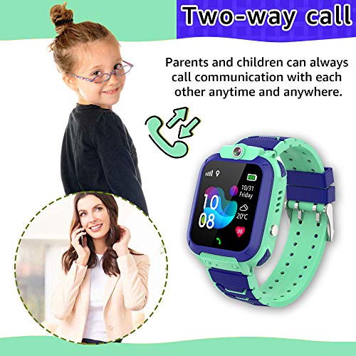 GPS Kids Smart Watch Waterproof Phone, Children's Student Watch GPS Tracking Locator Alarm Clock Voice Chat, SOS Anti-lost Compatible for Android and iOS, Child gifts for Boys and Girls (S12 Green)