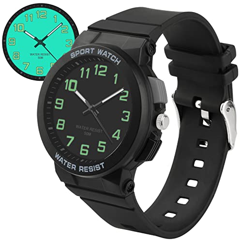 Ayybboo Kids Watch, 50M Waterproof, Easy to Read Children's Watch with Light, Children Analogue Quartz Watch for Boys, Girls and Teenagers, for Ages 10-18 (Black Side)