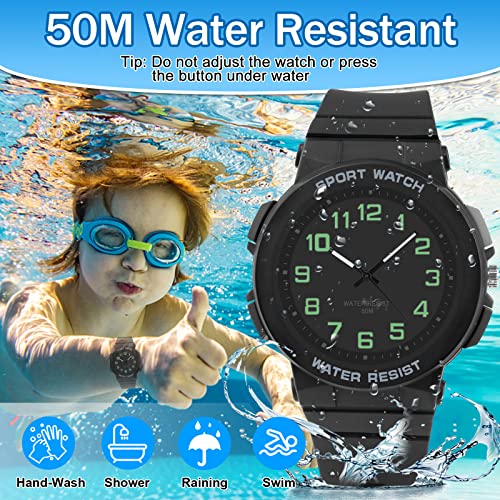 Ayybboo Kids Watch, 50M Waterproof, Easy to Read Children's Watch with Light, Children Analogue Quartz Watch for Boys, Girls and Teenagers, for Ages 10-18 (Black Side)