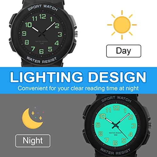 Ayybboo Kids Watch, 50M Waterproof, Easy to Read Children's Watch with Light, Children Analogue Quartz Watch for Boys, Girls and Teenagers, for Ages 10-18 (Black Side)