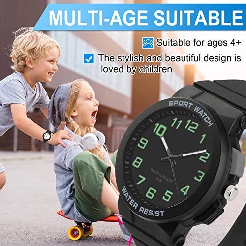 Ayybboo Kids Watch, 50M Waterproof, Easy to Read Children's Watch with Light, Children Analogue Quartz Watch for Boys, Girls and Teenagers, for Ages 10-18 (Black Side)