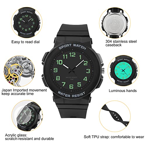 Ayybboo Kids Watch, 50M Waterproof, Easy to Read Children's Watch with Light, Children Analogue Quartz Watch for Boys, Girls and Teenagers, for Ages 10-18 (Black Side)