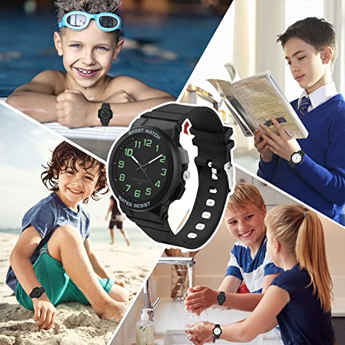 Ayybboo Kids Watch, 50M Waterproof, Easy to Read Children's Watch with Light, Children Analogue Quartz Watch for Boys, Girls and Teenagers, for Ages 10-18 (Black Side)
