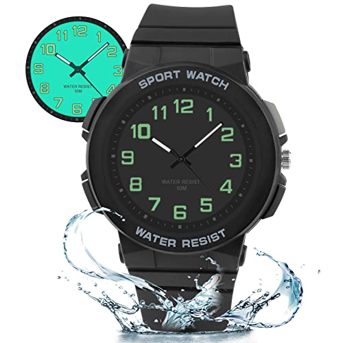 Ayybboo Kids Watch, 50M Waterproof, Easy to Read Children's Watch with Light, Children Analogue Quartz Watch for Boys, Girls and Teenagers, for Ages 10-18 (Black Side)