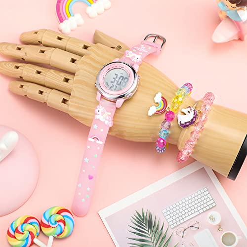3 Pieces Kids Unicorn Watch and Unicorn Bracelet Waterproof Toddler Digital Watch Light Watch with Alarm Stopwatch Unicorn Back to School Gift Birthday Gift for 3-10 Year Girls (Lovely Style)