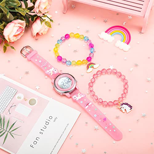 3 Pieces Kids Unicorn Watch and Unicorn Bracelet Waterproof Toddler Digital Watch Light Watch with Alarm Stopwatch Unicorn Back to School Gift Birthday Gift for 3-10 Year Girls (Lovely Style)