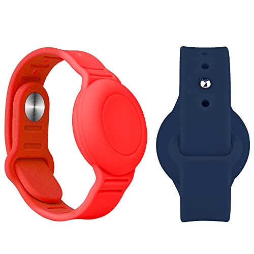 2 Pack Airtag Waterproof Wristband Compatible with Apple AirTag,Soft Adjustable Airtag Bracelet, Airtag Watch Band for Kids Toddler Baby Children Elders (Midnight Blue & Red)