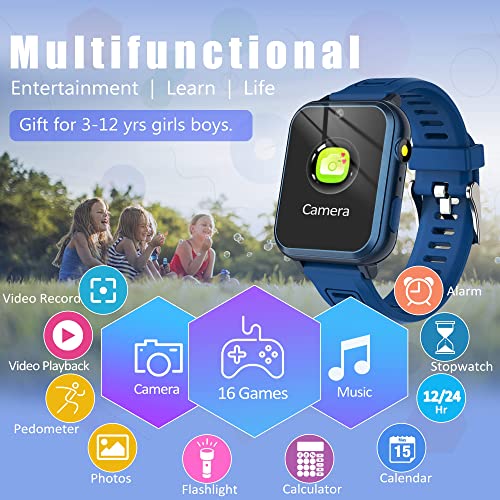 LITEYPP Kids Smart Watch Toys Kids Game Watch for Boys and Girls, Smart Watch for Kids with Games Music Video Camera Step Counter Alarm Flashlight, Gifts for Kids, Navy Blue