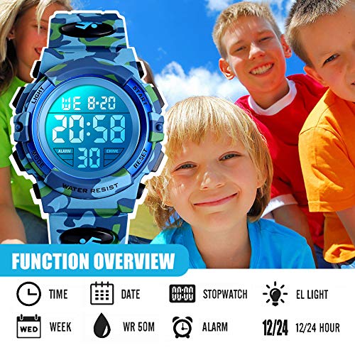 Digital Watch for Boys Girls, Waterproof Sport Kids Watches with Alarm/Stopwatch/12-24H, Childrens Electronic LED Wrist Watch for Junior Teenagers Boy - Camouflage