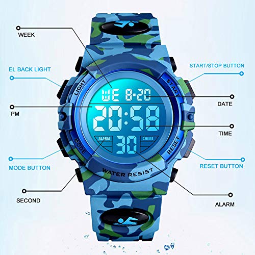 Digital Watch for Boys Girls, Waterproof Sport Kids Watches with Alarm/Stopwatch/12-24H, Childrens Electronic LED Wrist Watch for Junior Teenagers Boy - Camouflage
